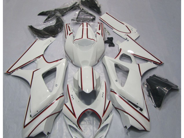 Weiß Mit Rotem Nadelstreifen 2007-2008 Suzuki GSXR 1000 Motorrad Verkleidung Weiß Mit Rotem Nadelstreifen 2007-2008 Suzuki GSXR 1000 Motorrad Verkleidung