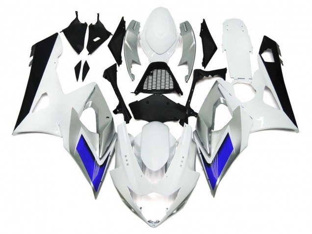 Glänzend Weiß Mit Silbernen Akzenten & Blau 2005-2006 Suzuki GSXR 1000 Motorrad Verkleidung Glänzend Weiß Mit Silbernen Akzenten & Blau 2005-2006 Suzuki GSXR 1000 Motorrad Verkleidung