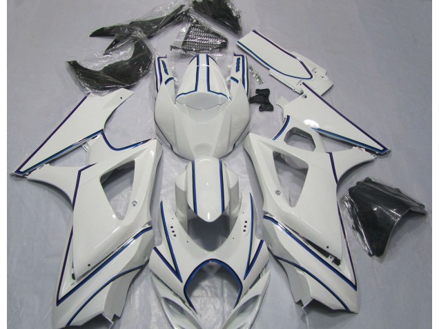 Glänzend Weißer Blauer Nadelstreifen 2007-2008 Suzuki GSXR 1000 Motorrad Verkleidung Glänzend Weißer Blauer Nadelstreifen 2007-2008 Suzuki GSXR 1000 Motorrad Verkleidung