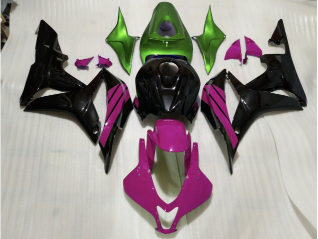 Schwarz Glänzend & Rosa & Grüne Akzente 2007-2008 Honda CBR600RR Motorrad Verkleidung Schwarz Glänzend & Rosa & Grüne Akzente 2007-2008 Honda CBR600RR Motorrad Verkleidung